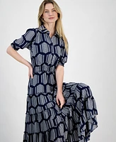 T Tahari Women's Smocked-Trim Elbow-Sleeve Tiered Dress
