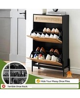 gaomon Freestanding Shoe Rack, Ratten Modern Flip Doors Shoe Storage Cabinet with 2 Adjustable Shelves and Drawer