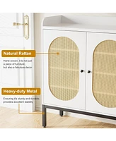 gaomon Rattan Shoe Cabinet With 3 Doors/Adjustable Shelves Freestanding Shoe Storage Organizer 8-Tier Wooden Storage Cabinet Narrow Shoe Rack Cabinet
