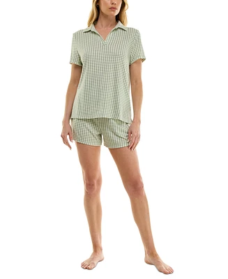 Roudelain Women's Short-Sleeve Gingham Henley Pajama Set
