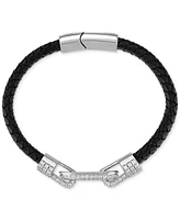 Esquire Men's Jewelry Cubic Zirconia & Braided Black Leather Bracelet in Sterling Silver, Exclusively at Macy's