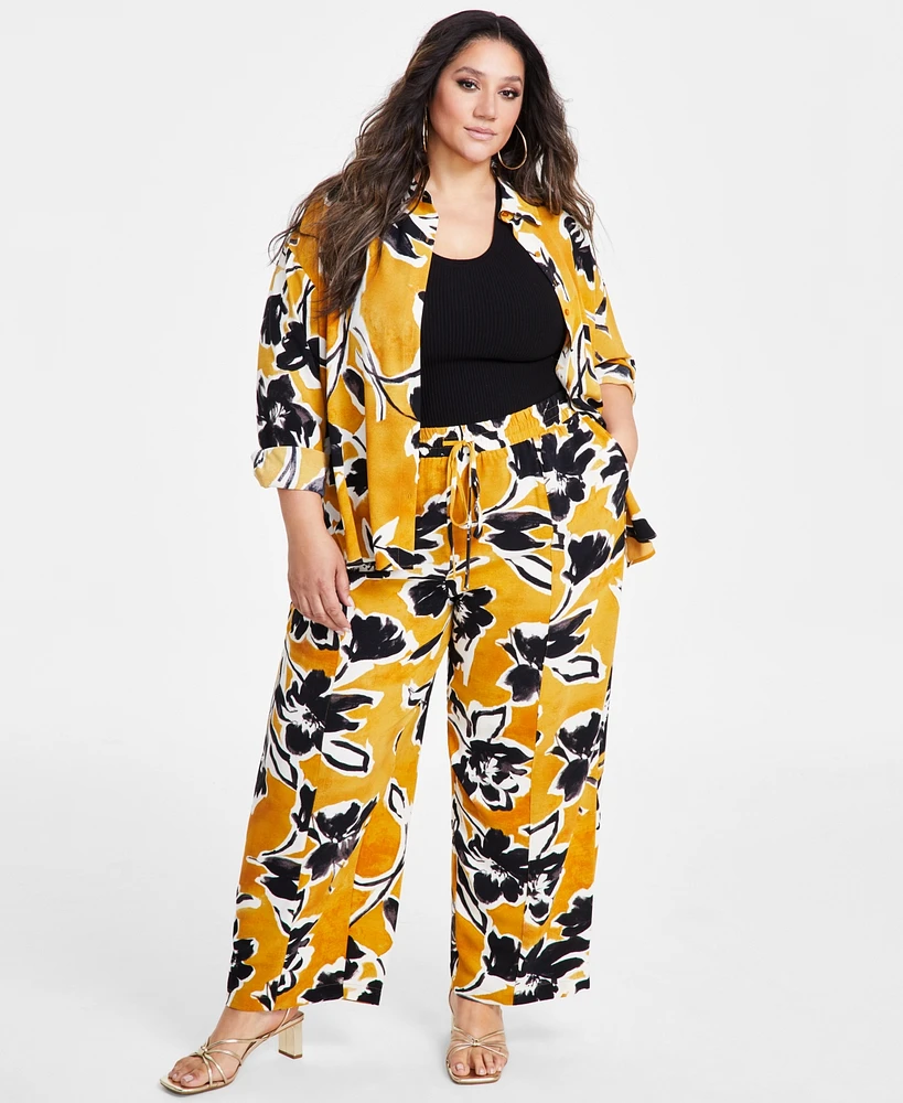 Nina Parker Plus Floral-Print Drawstring-Waist Pants