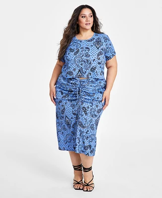 Nina Parker Plus Textured Paisley-Print Drawstring-Ruched Skirt