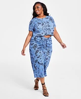 Nina Parker Plus Textured Paisley-Print Drawstring-Ruched Skirt