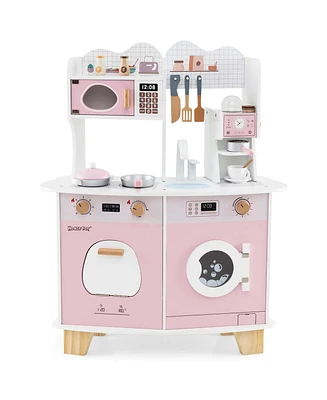 Costway Wooden Kids Kitchen Playset Pretend Play Kitchen with Coffee Maker & Microwave