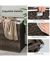 Costway 110L 3-Section Laundry Hamper w/Lid&Handle Pe Rattan Clothes Hamper w/Liner Bag