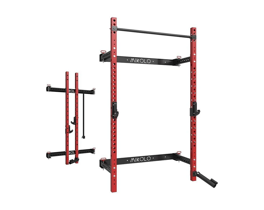 Er Kang 2.36" x Folding Wall Mounted Squat Rack, 1000 Pounds Capacity Power Rack with Pull Up Bar, J Hooks, Landmine and Other Attachments, Spac