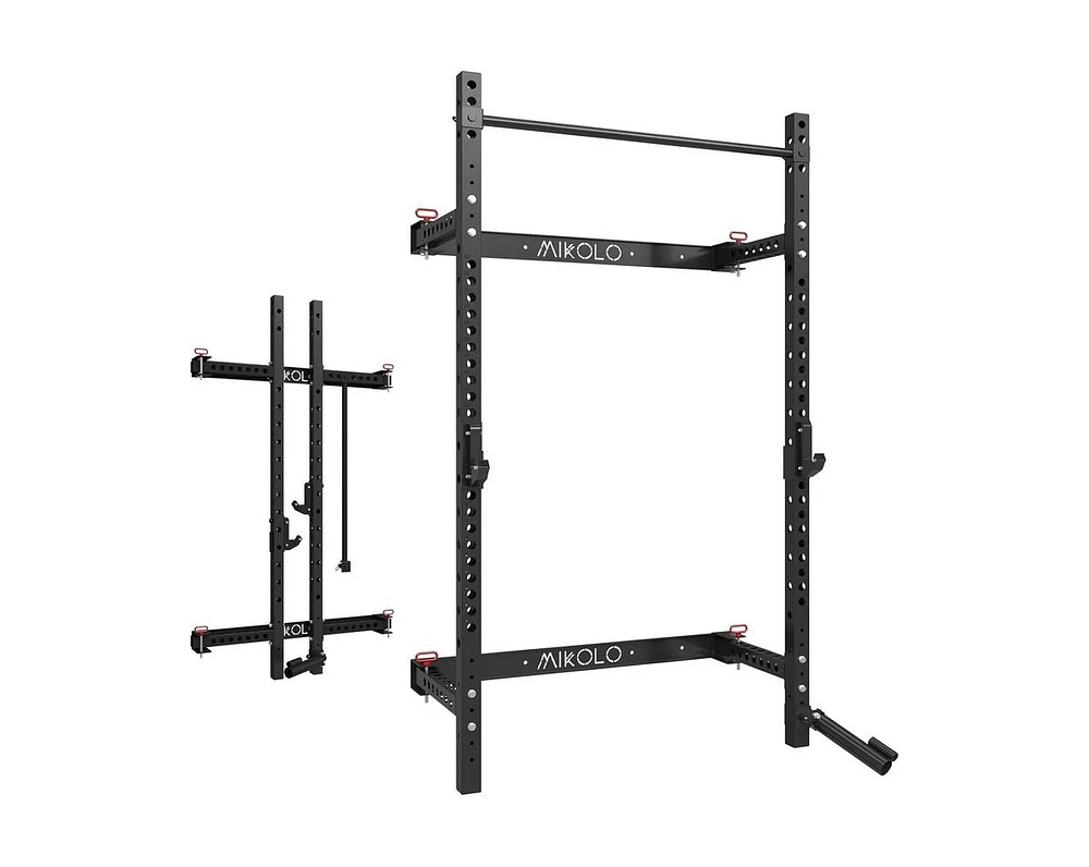 Er Kang 2.36" x Folding Wall Mounted Squat Rack, 1000 Pounds Capacity Power Rack with Pull Up Bar, J Hooks, Landmine and Other Attachments, Spac