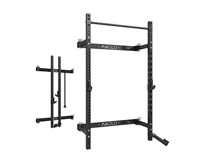 Er Kang 2.36" x Folding Wall Mounted Squat Rack, 1000 Pounds Capacity Power Rack with Pull Up Bar, J Hooks, Landmine and Other Attachments, Spac