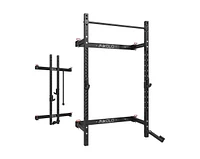 Er Kang 2.36" x Folding Wall Mounted Squat Rack, 1000 Pounds Capacity Power Rack with Pull Up Bar, J Hooks, Landmine and Other Attachments, Spac