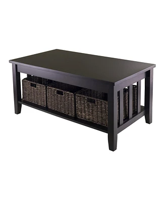 Slickblue Mission Style Dark Wood Coffee Table with 3 Folding Storage Baskets for Living Room