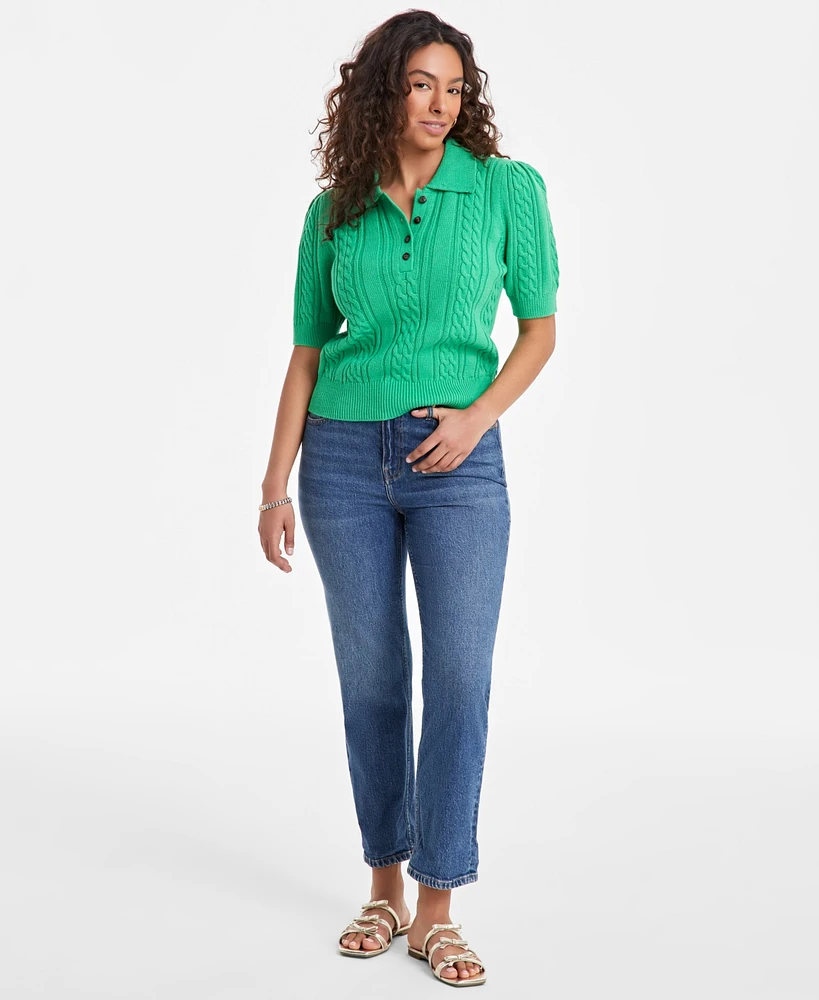 On 34th Women's Puff Sleeve Cable Polo Short-Sleeve Sweater, Exclusively at Macy's