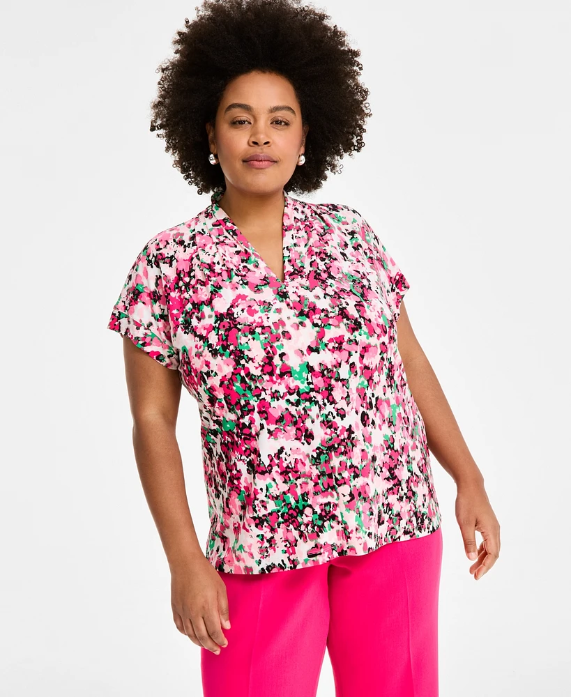 Kasper Plus Printed V-Neck Cap-Sleeve Blouse