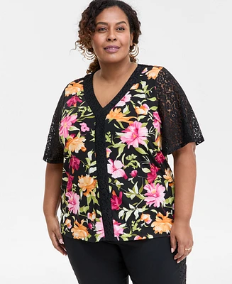 Jm Collection Plus Printed Lace-Trimmed Top, Exclusively at Macy's