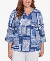 Alfred Dunner Plus Classic Beaded Split Neck Patchwork Top