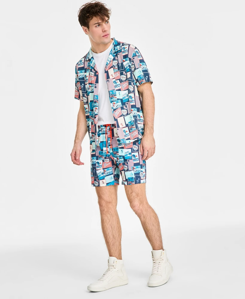 Original Penguin Men's Slim-Fit Stretch Tropical-Print 7" Swim Trunks