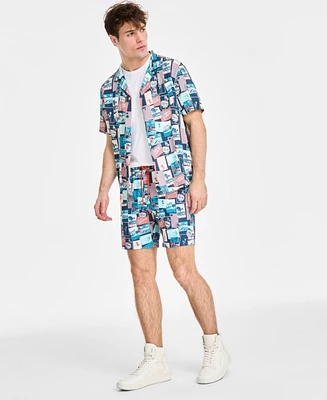 Original Penguin Men's Slim-Fit Stretch Tropical-Print 7" Swim Trunks