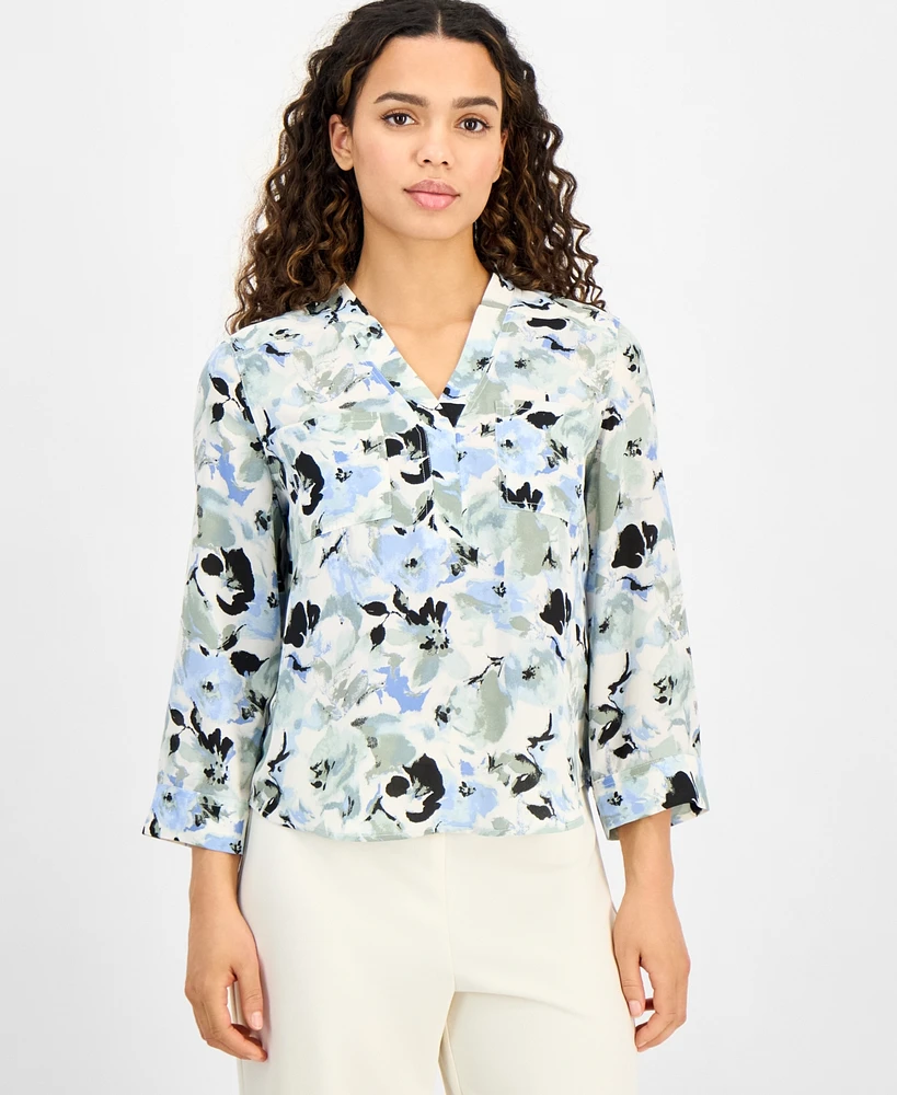 Ak Anne Klein Petite Printed 3/4-Sleeve Utility Blouse