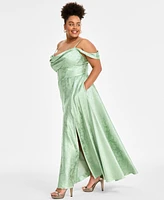 B Darlin Trendy Plus Off-The-Shoulder Satin Jacquard Gown