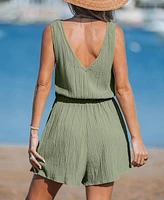 Women's Olive Green V-Neck Button Front Romper