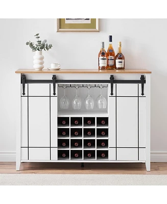 Farmhouse Coffee Bar Cabinet with Storage, 47" Wine Bar Cabinet with Sliding Barn Door, Buffet Sideboard Cabinet