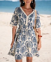 Cupshe Women's Blue Boho V-Neck Mini Beach Dress