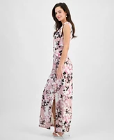 Connected Women's Floral Print Draped Sleeveless Gown