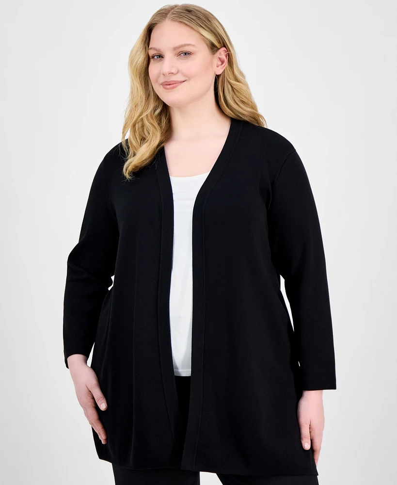 Ak Anne Klein Plus Open-Front Long-Sleeve Side-Slit Cardigan