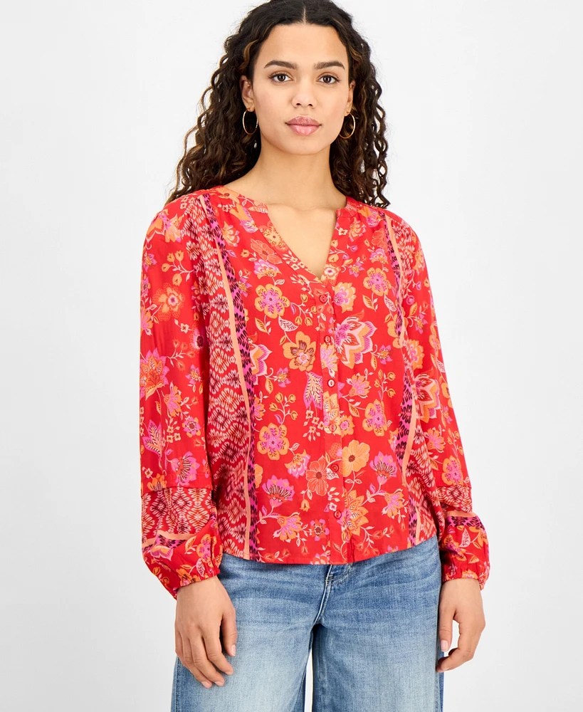 Liverpool Los Angeles Petite Mixed-Print Button-Front Blouse