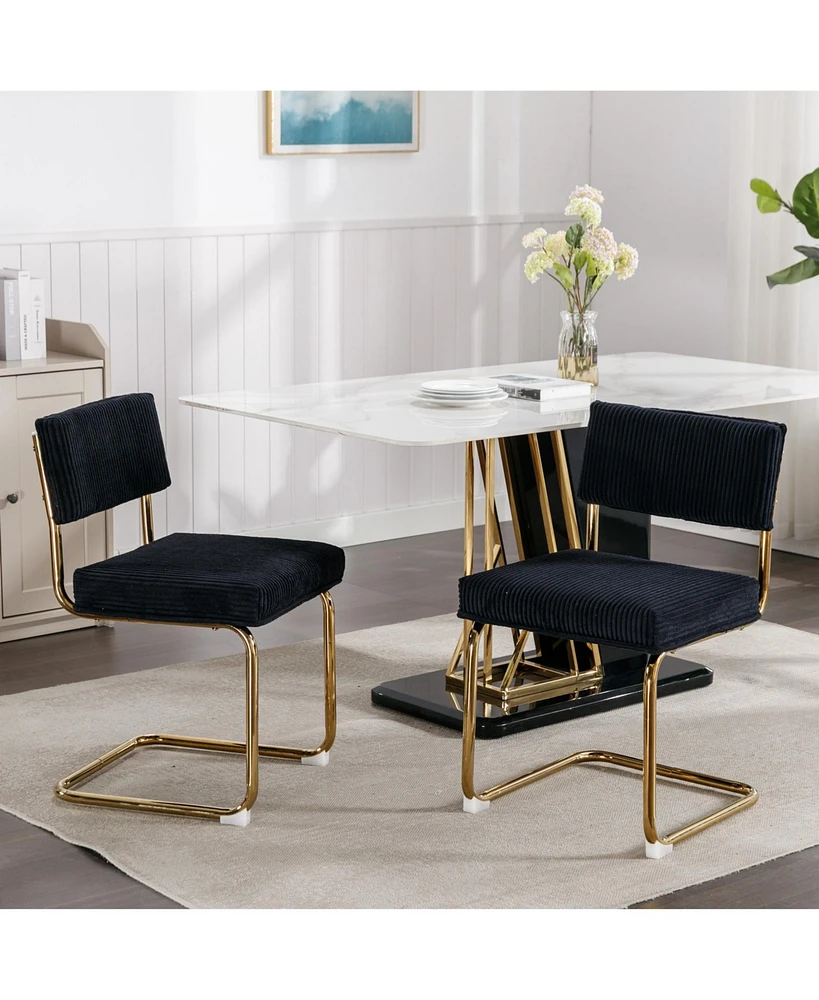 Slickblue Modern Armless Dining Chairs – Gold Metal Base, Corduroy Upholstery with Channel Tufting, Set of 2