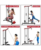 Er Kang Lat Tower, Lat Pull Down and Lat Row Cable Machine with Flip-Up Footplate, High and Low Pulley Station with Ab Crunch Harness, Home Gym Back E