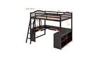 Slickblue Wooden Loft Bed with U-shaped Desk,Storage Compartments and Tri-fold Mirror