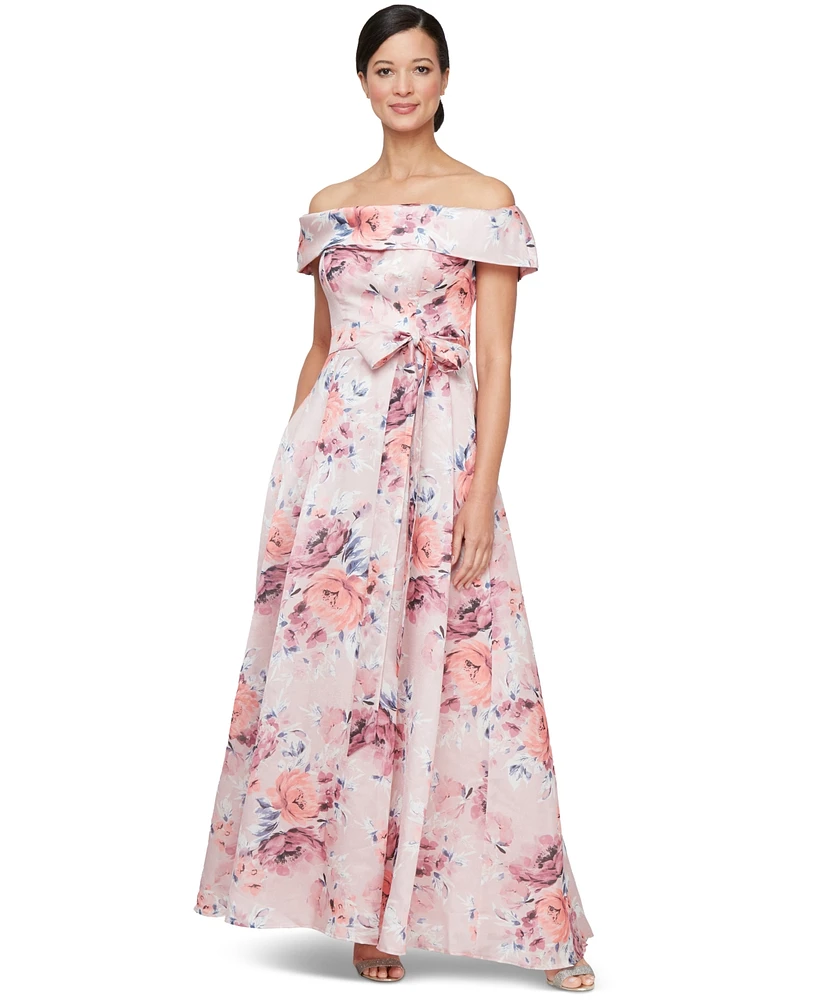 Alex Evenings Petite Floral-Print Off-The-Shoulder Gown