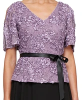 Alex Evenings Women's Embroidered Sequined Belted Top