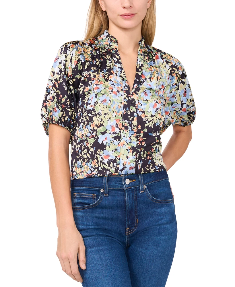 CeCe Women's Floral Ruffle-Collar Short-Sleeve Top