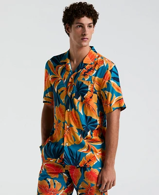 Original Penguin Men's Slim-Fit Tropical Leaf-Print Button-Down Camp Shirt