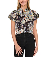 CeCe Women's Printed Flutter-Sleeve Hidden-Placket Blouse