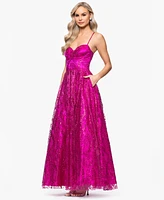 Blondie Nites Juniors' Glitter Draped-Neck Gown