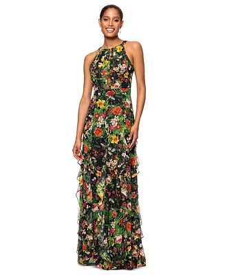 Betsy & Adam Petite Printed Ruffled Halter-Neck Gown