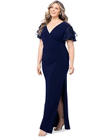 Betsy & Adam Plus Flutter-Sleeve Surplice-Neck Gown