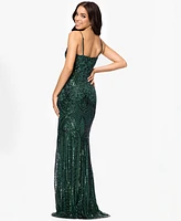 Blondie Nites Juniors' Sequin Draped-Neck Side-Slit Gown