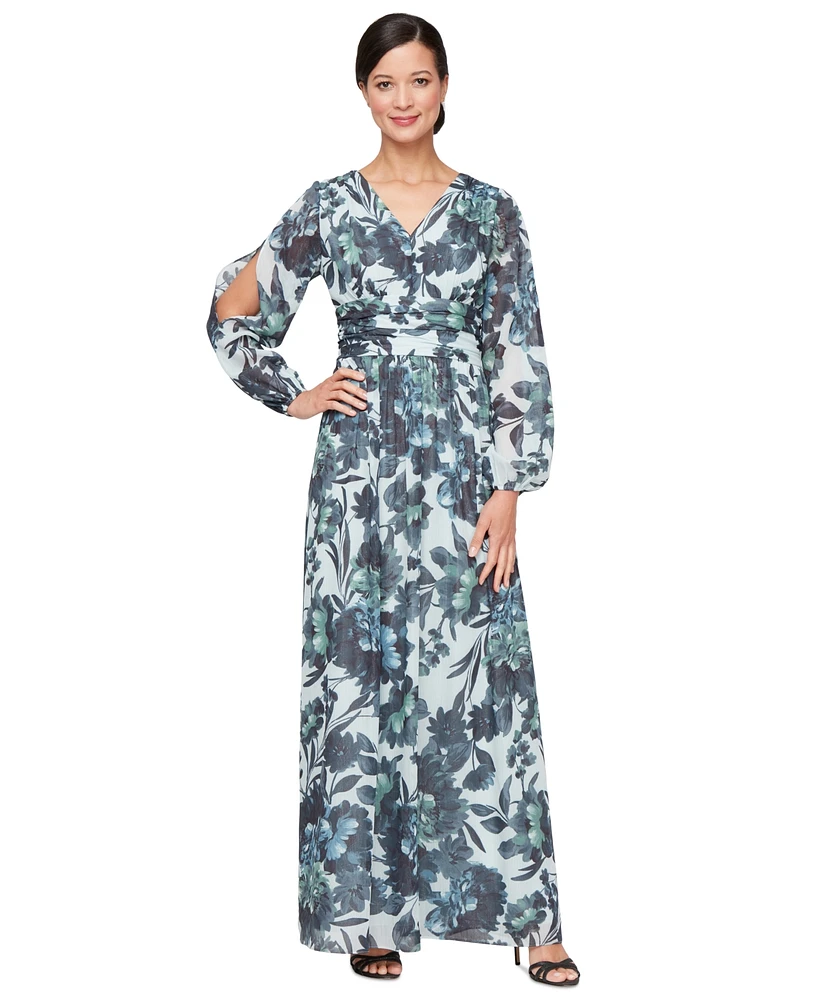 Sl Fashions Petite Floral-Print Blouson-Sleeve Gown