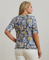 Lauren Ralph Plus Floral Stretch Cotton Boatneck Tee