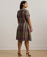 Lauren Ralph Plus Plaid Tie-Front Linen Shirtdress