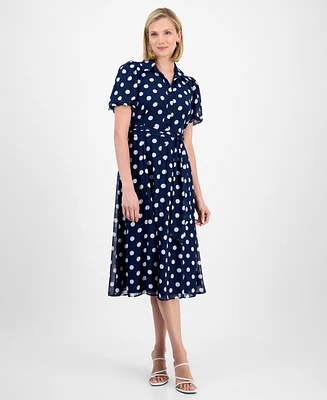 Sandra Darren Petite Dot-Print Puff-Sleeve Button-Down Midi Dress