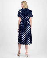 Sandra Darren Petite Dot-Print Puff-Sleeve Button-Down Midi Dress