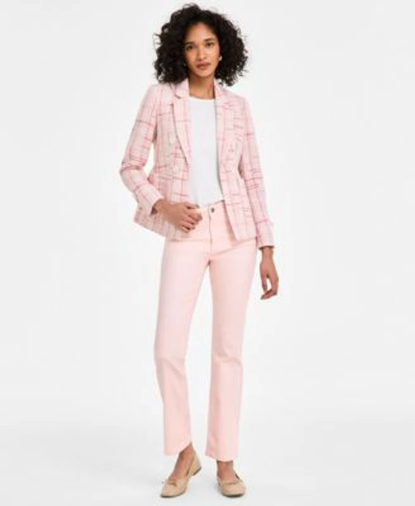 Jones New York Womens Plaid Tweed Blazer Short Sleeve Top Lexington Straight Leg City Jeans