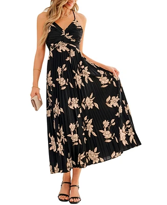 Women's Elegant Florals Pleated Midi Beach Dress