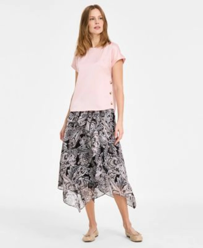 Jones New York Womens Side Button Short Sleeve Top Paisley Bias Cut Midi Skirt