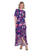 Jessica Howard Women's Floral-Print Belted Flutter-Sleeve Dress